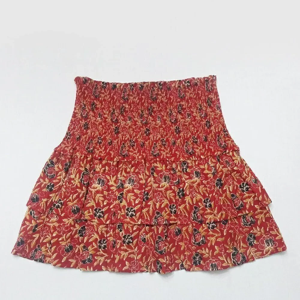 New ALIX OF BOHEMIA Floral Layered Tiered Ruffle Skirt / Smocked Top India Red M